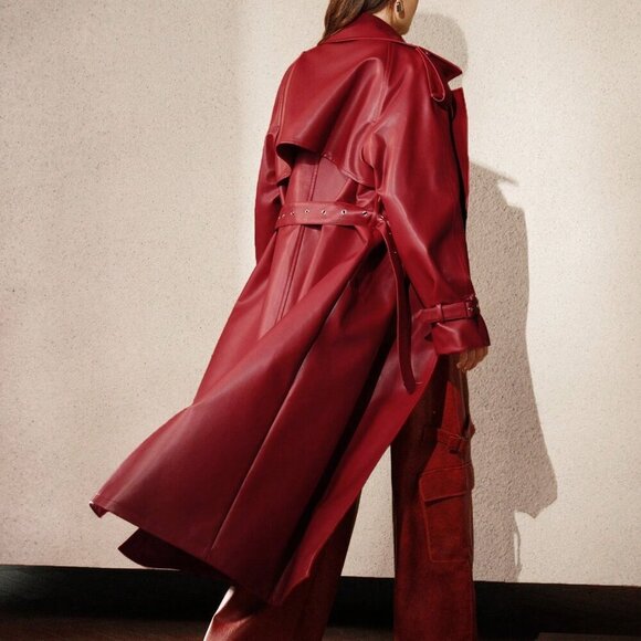 Red Elegant Women's faux leather Double Breasted belted Long Trench Coat - Picture 2 of 7